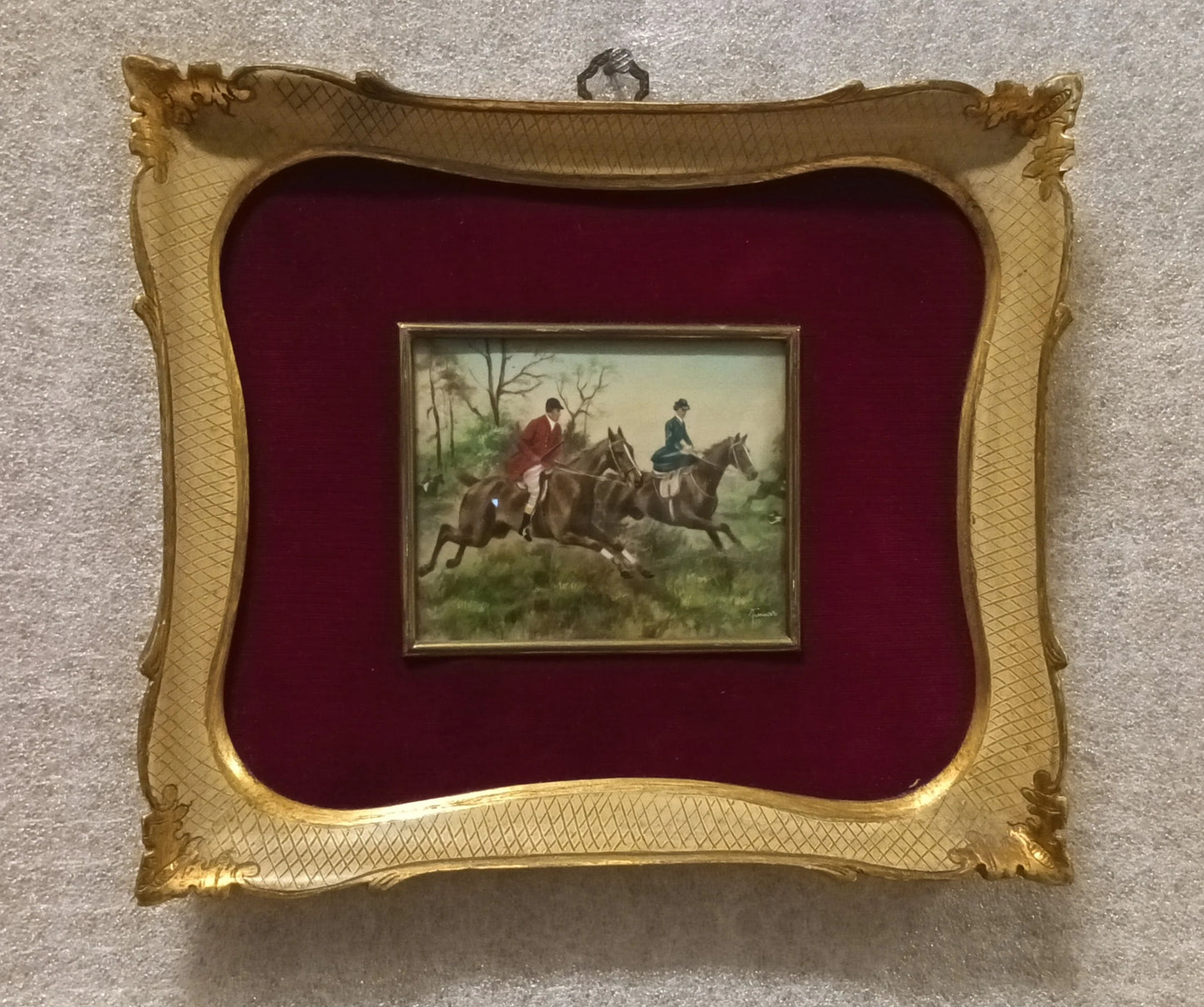 Miniatura olio su tela inglese del xix secolo con straordinaria miniatura firmata su sfondo velluto rosso