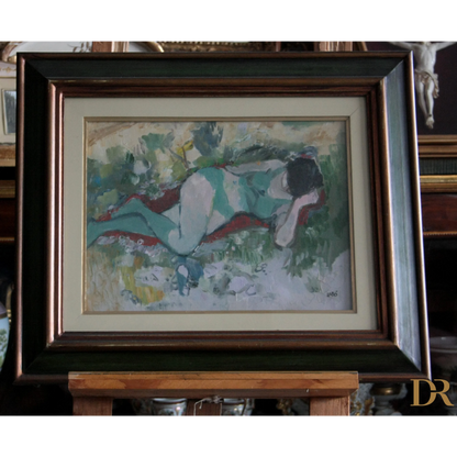 Framed dipinto olio raffigurante ragazza distesa su tela firmata da Savino Labò