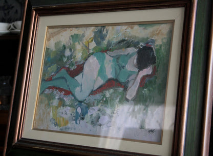 Immagine di un dipinto olio raffigurante ragazza su tela firma bel dipinto donna distesa