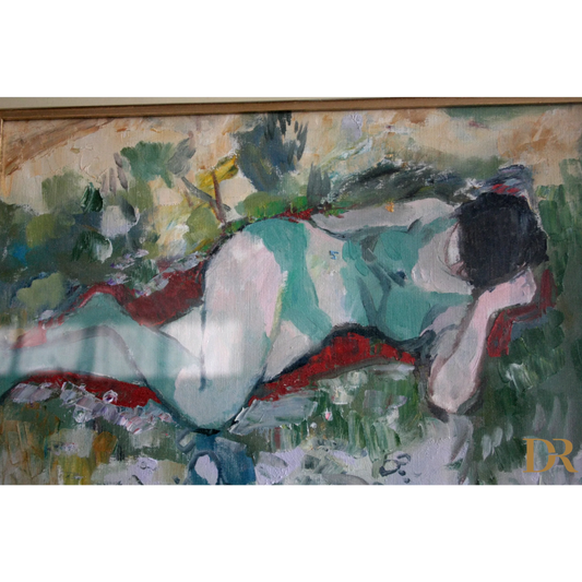 Impressionistic dipinto olio su tela raffigurante ragazza distesa firmata Savino Labò