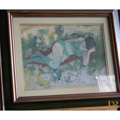 Framed dipinto olio raffigurante ragazza donna distesa signed by Savino Labò on tela