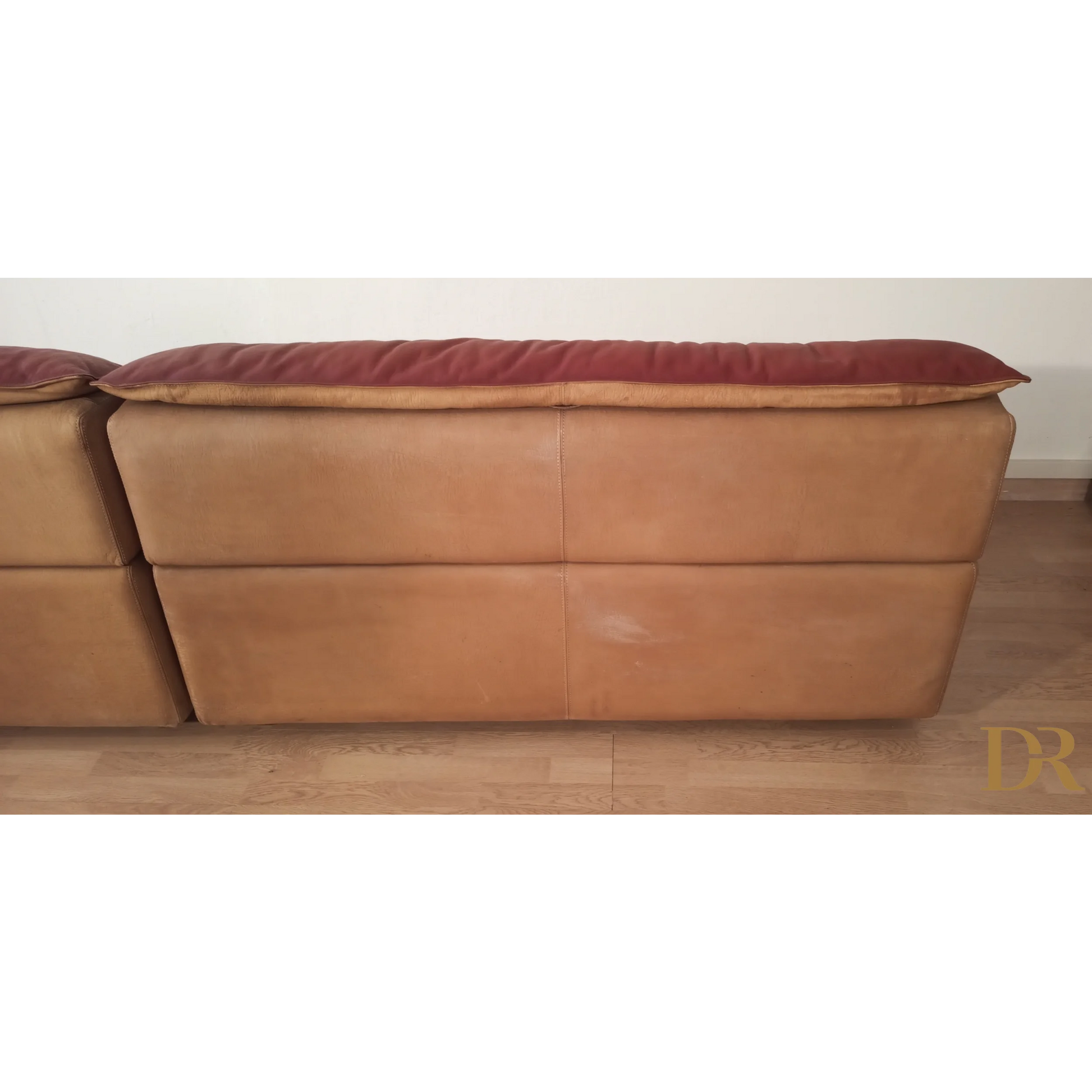Divano Bogo in pelle e pelle scamosciata con cuscini bordeaux, design vintage anni ’70