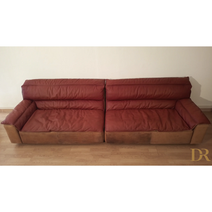 Divano Bogo in pelle rossa con cuscini marroni, stile vintage degli anni 70
