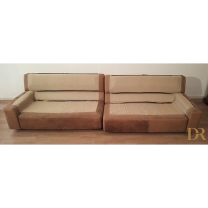 Divano Bogo in pelle e pelle scamosciata, vintage con cuscini beige e base in pelle marrone