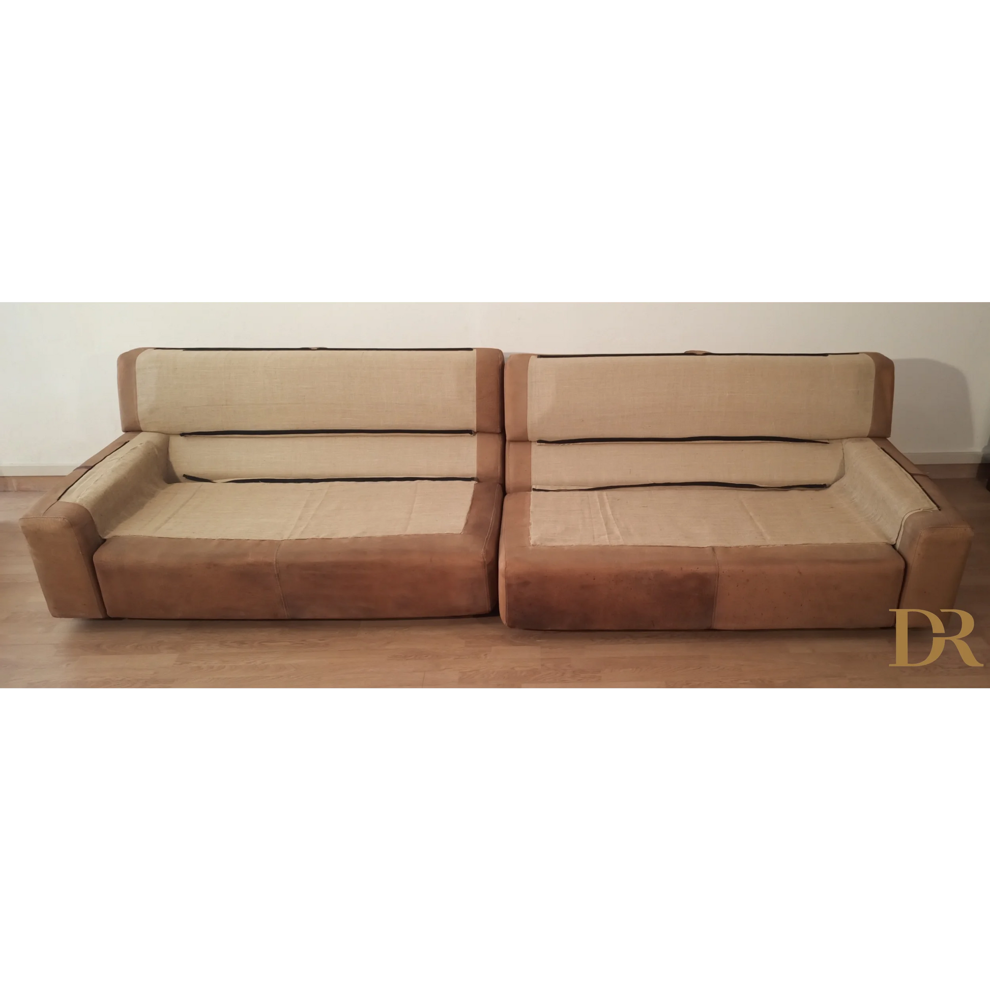Divano Bogo in pelle e pelle scamosciata con cuscini beige, antiquariato vintage