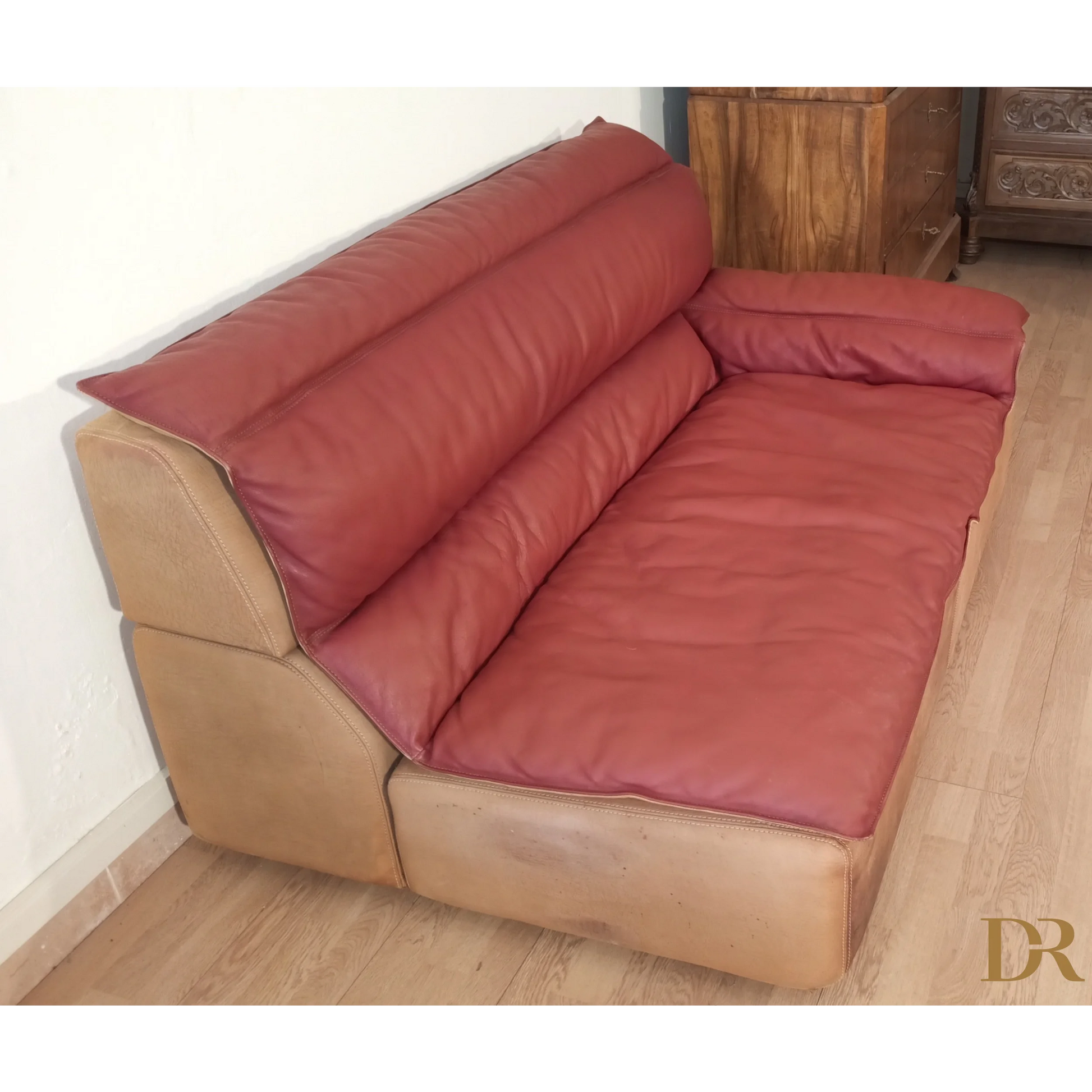 Divano Bogo in pelle e pelle scamosciata con cuscini rossi, vintage 1970