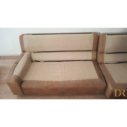 Divano Bogo in pelle e pelle scamosciata, beige vintage con braccioli imbottiti