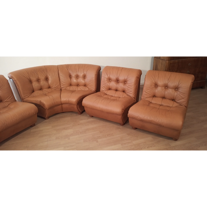 Divano modulare vintage in pelle cognac, Italia, anni '70, set di 5