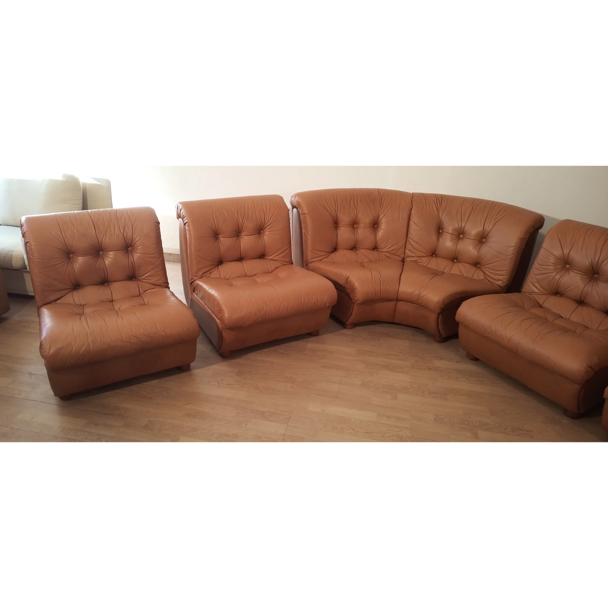 Divano modulare vintage in pelle cognac, Italia, anni '70, set di 5