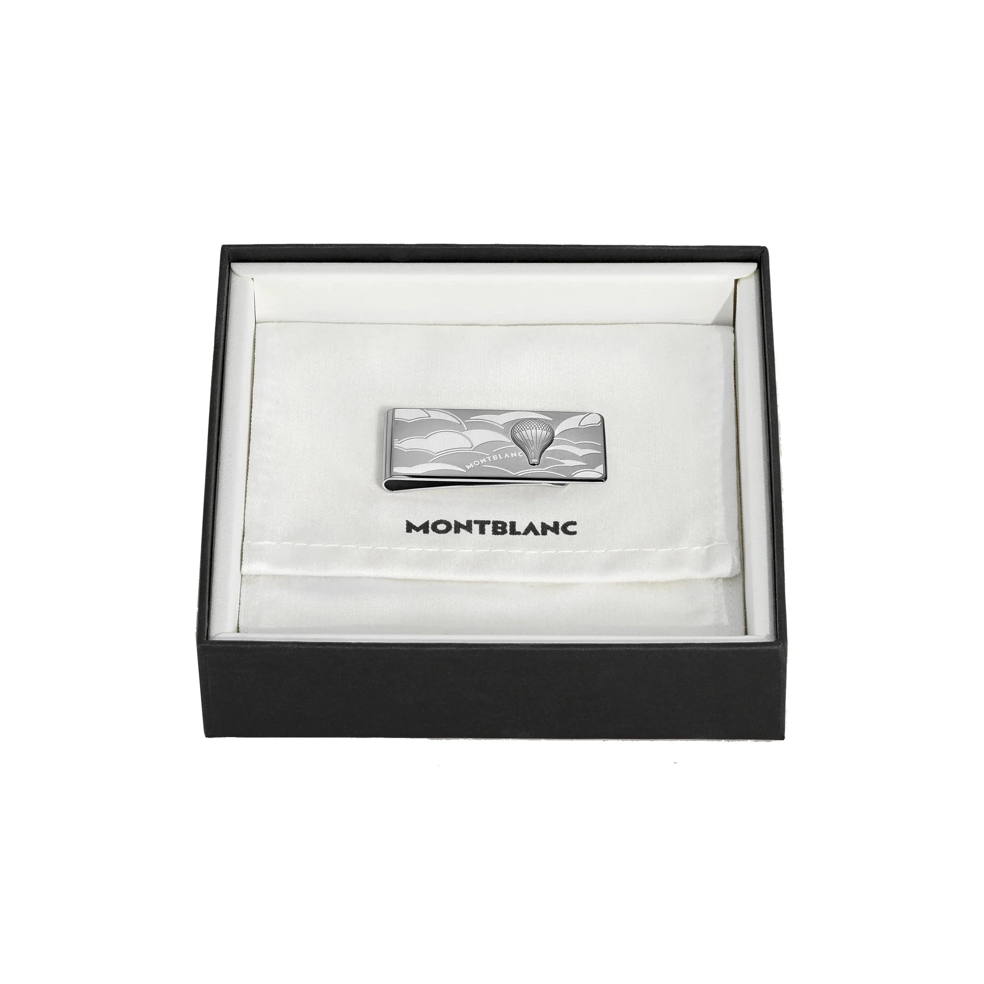 Fermasoldi montblanc in argento con incisione di mongolfiera e nuvole ispirato a around the world in 80 days