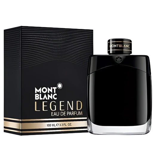 Bottiglia nera di montblanc legend eau de parfum 100ml con design rettangolare e base trasparente raffinata all’uomo attivo
