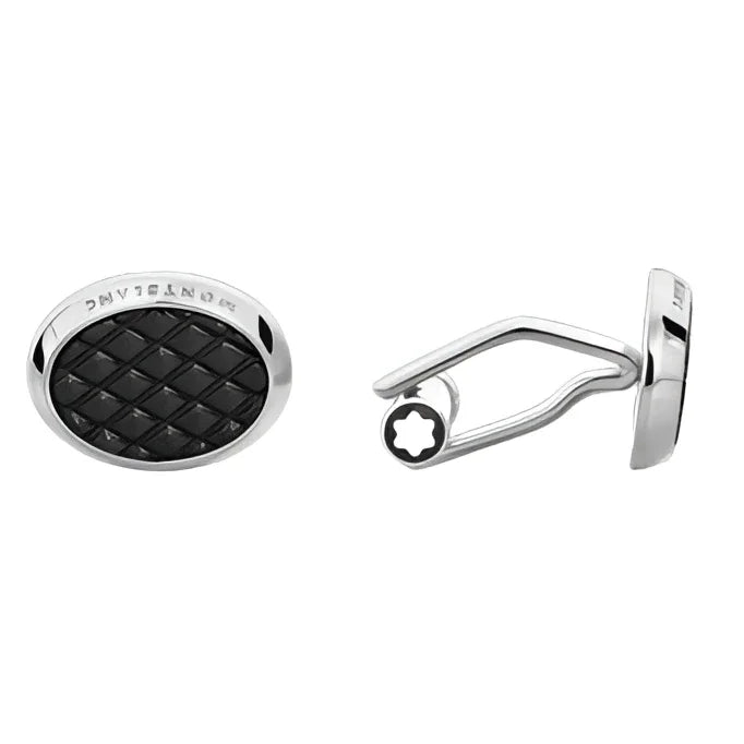 Montblanc gemelli ovali meisterstück acciaio con centro in lacca nera effetto trapuntato e chiusura metallica elegante