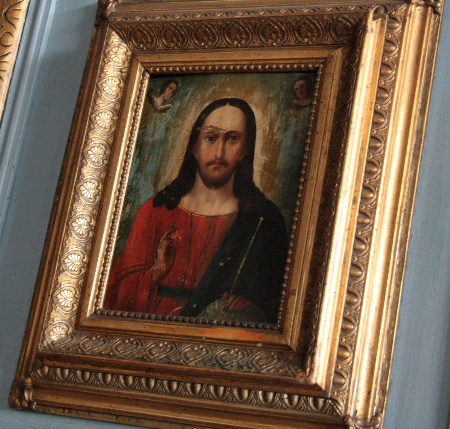 Icona ortodossa Cristo Pantocratore XVIII secolo area russa in cornice antica