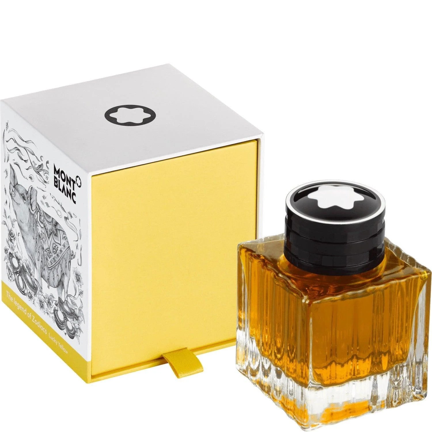Bottiglia montblanc boccetta dinchiostro 50ml maiale giallo con corpo in vetro sfaccettato e tappo nero con logo star