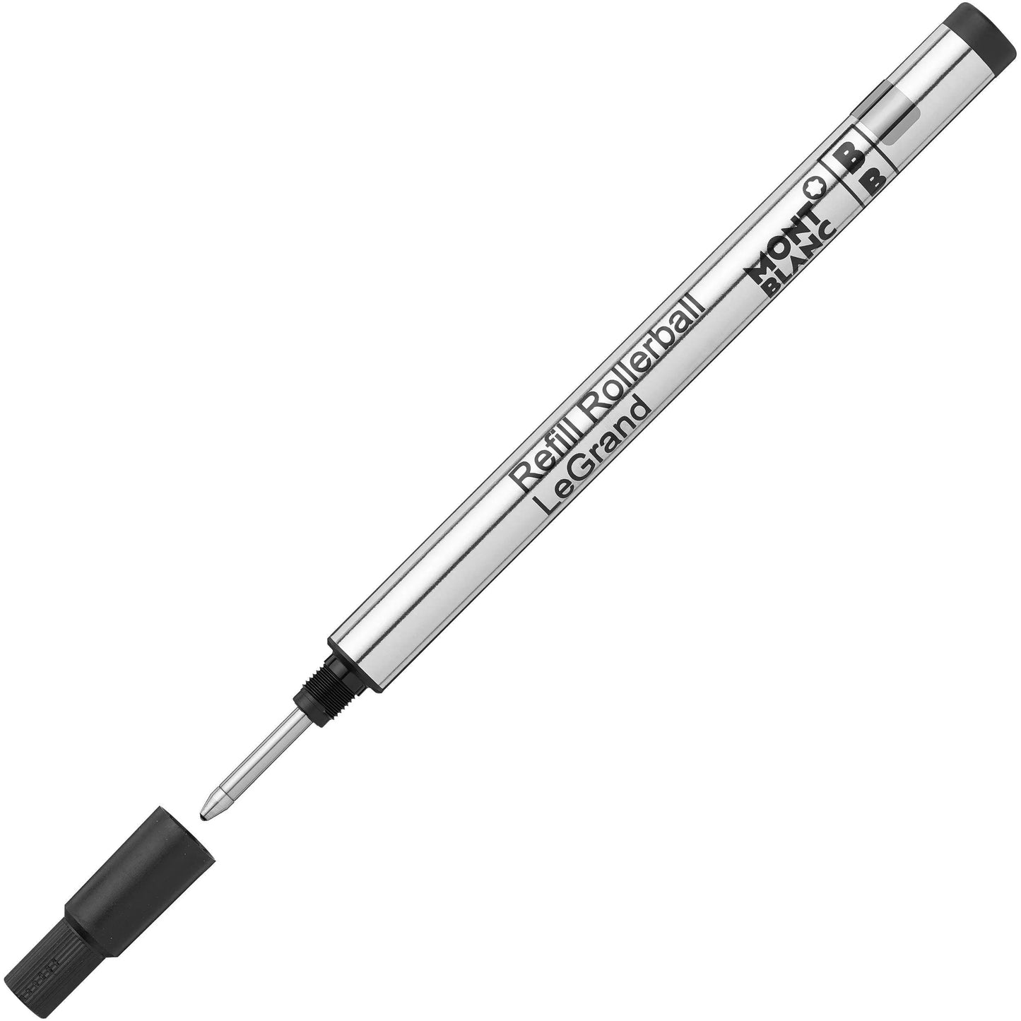 Silver montblanc le grand refillable rollerball pen cartridge with mystery black broad tip and cap