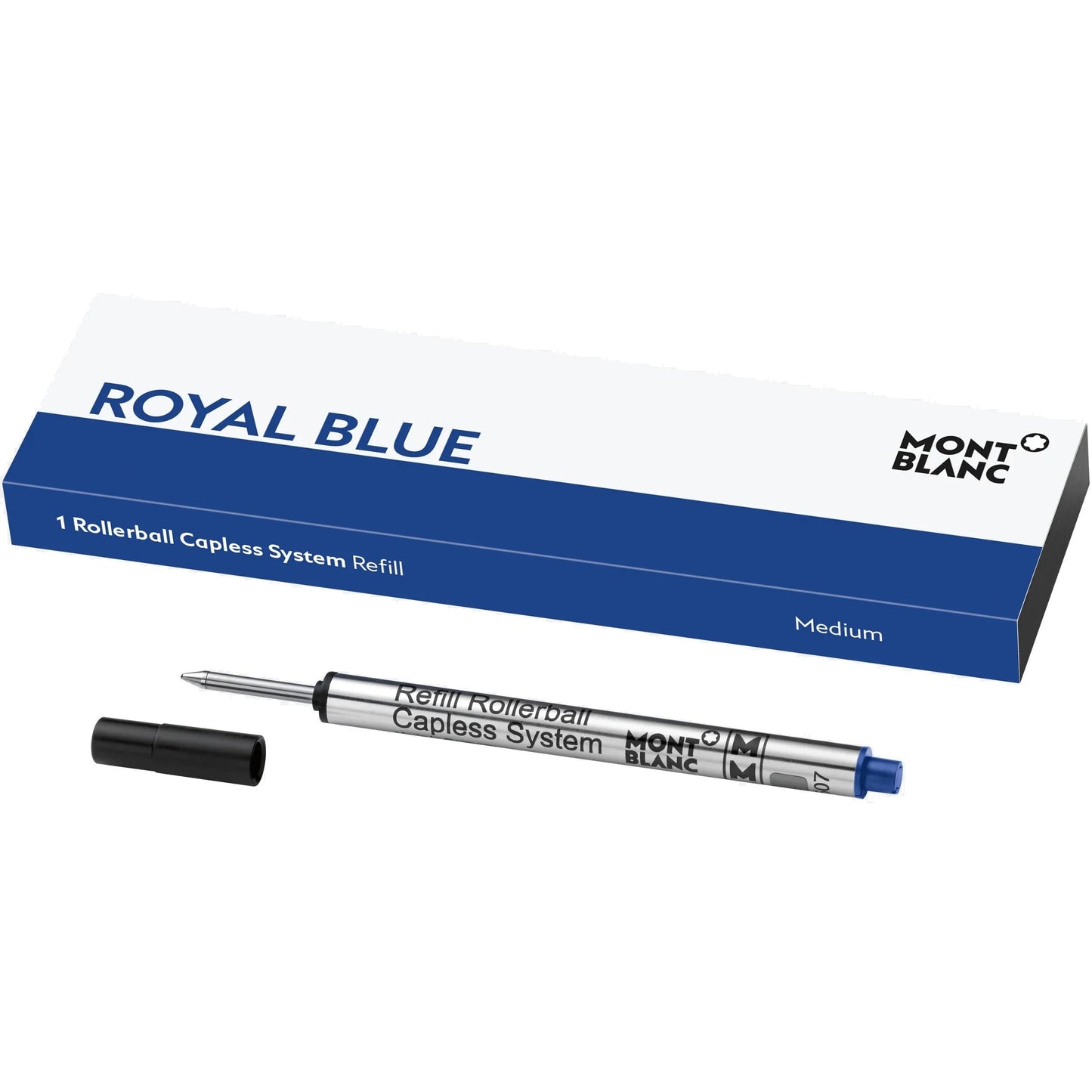 Montblanc refill medio royal blue per roller senza cappuccio con punta m e corpo argento e punta nera