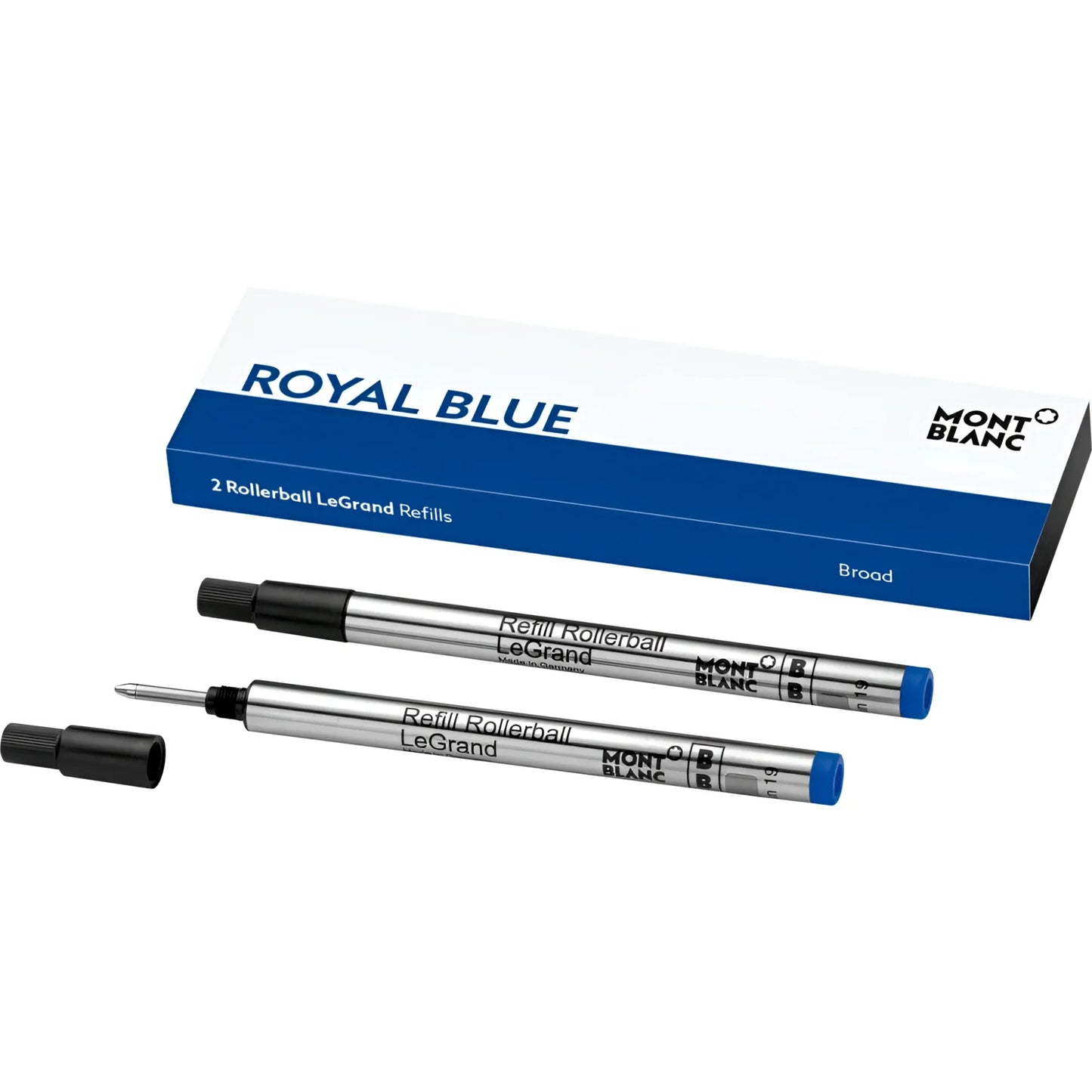 Montblanc 2 refills per rollerball legrand punta b royal blu with silver barrels and blue caps for smooth writing
