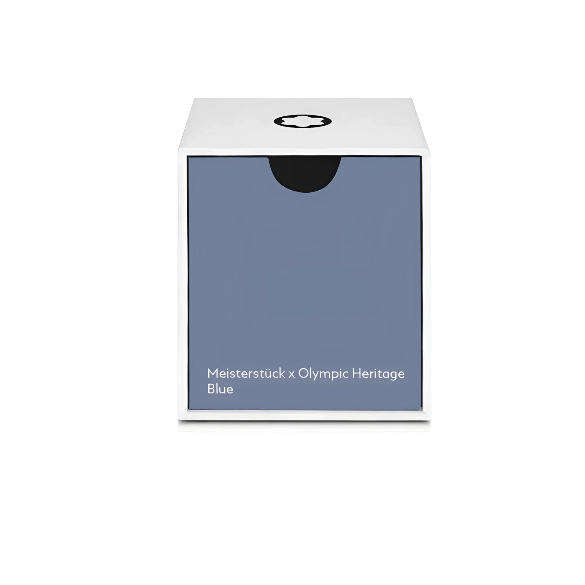 Scatola rettangolare bianca con pannello frontale blu opaco e logo nero per montblanc boccetta d’inchiostro olympic heritage blu