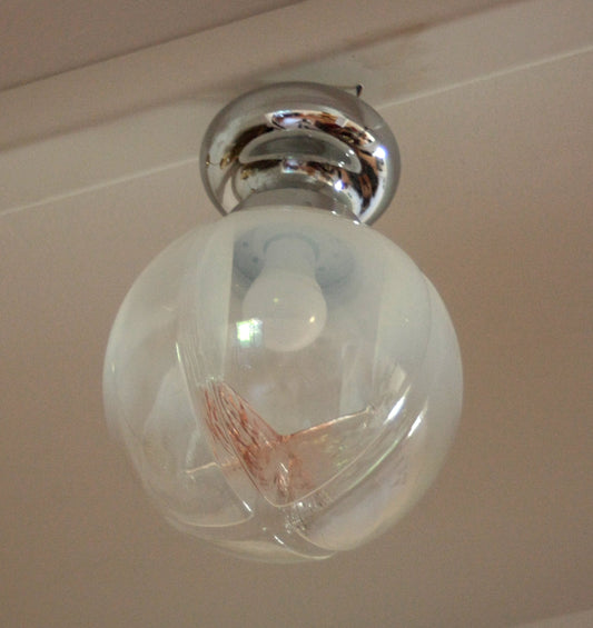 Lampada da soffitto cromata con vetro soffiato, stile Italia anni 60