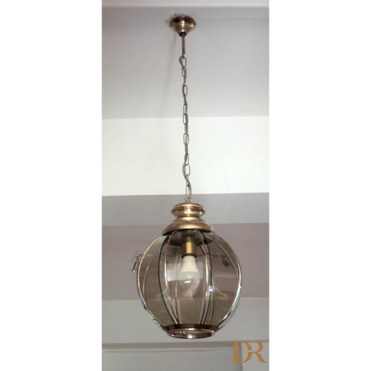 Lampadario in ottone con vetri fumé a spicchi, seconda metà XX secolo, pendant light