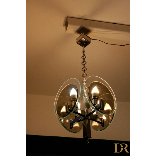 Lampadario vintage Art Déco in metallo cromato e vetro, stile vintage art degli anni 70