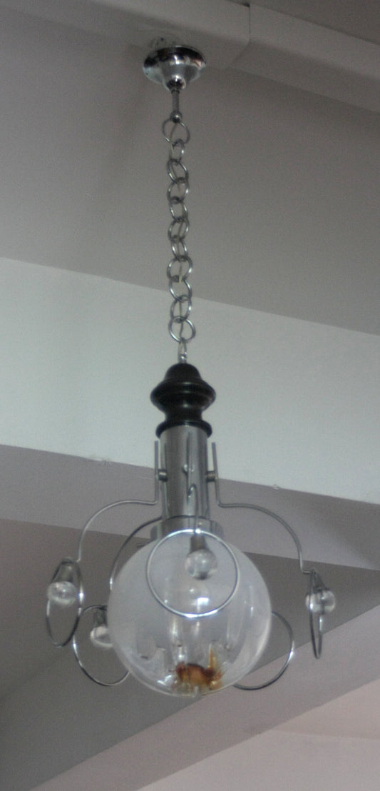 Lampadario vintage Mazzega anni 70, con sospensione in vetro e cromo elegante