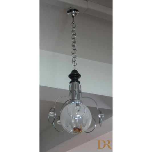 Lampadario vintage Mazzega anni 70, con sospensione in vetro e cromo elegante