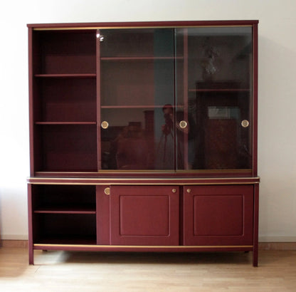 Credenza o libreria a due corpi in similpelle bordeaux design italiano d’epoca di umberto mascagni negli anni 50