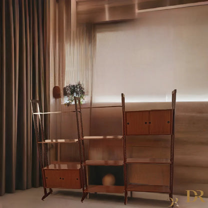 Libreria vintage modulare originale in teak, libreria modulare italiana degli anni 60