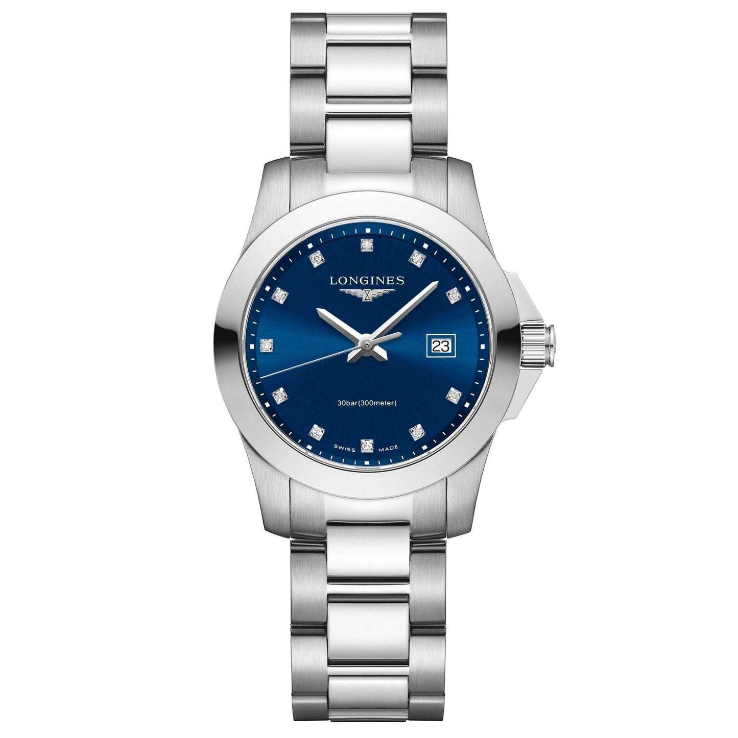 Montre Longines Conquest 29,5mm bleue diamants acier quartz L3.376.4.97.6