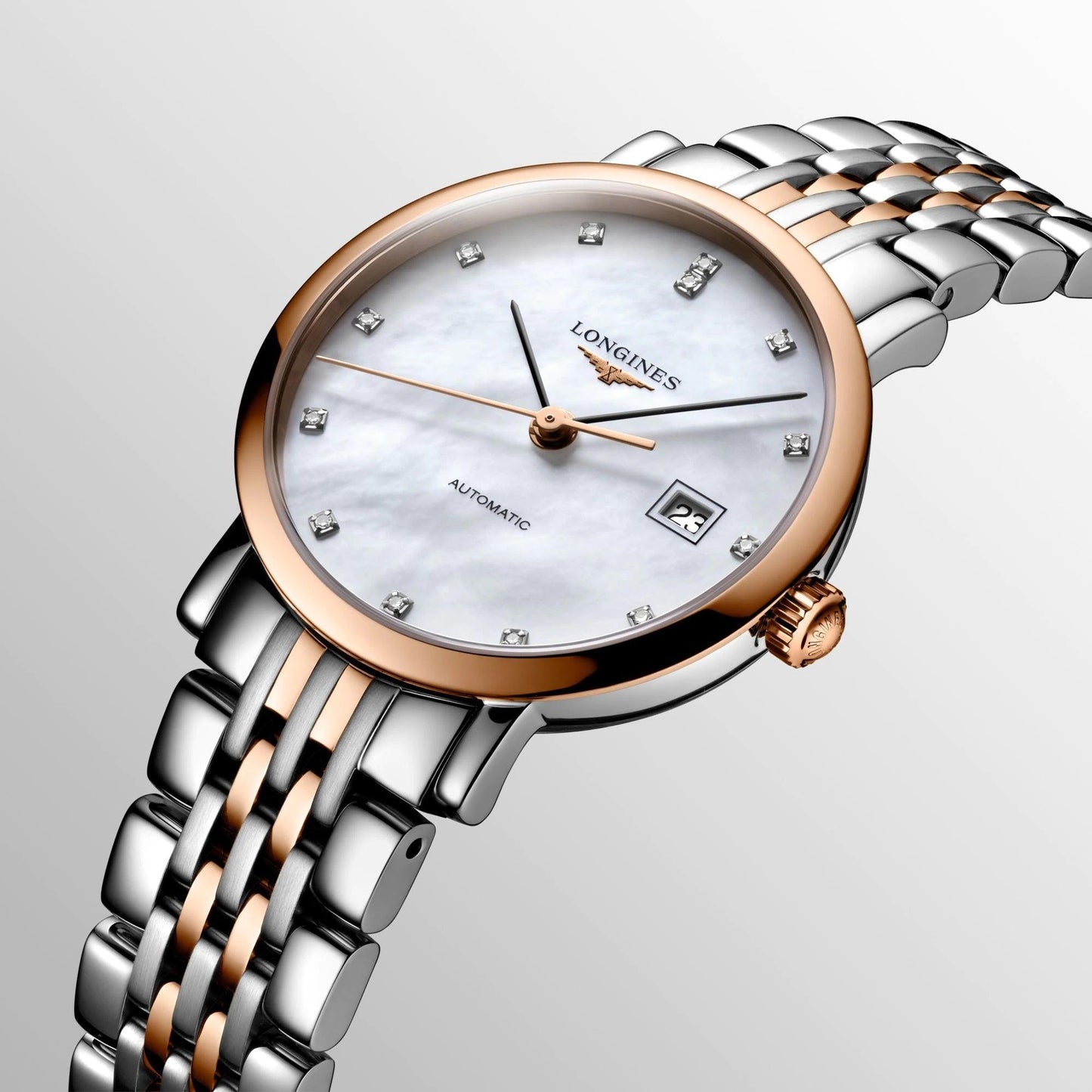 Longines Uhr Elegant Collection 29mm Perlmutt Brillanten Automatik Stahl Roségold-Finish L4.310.5.87.7