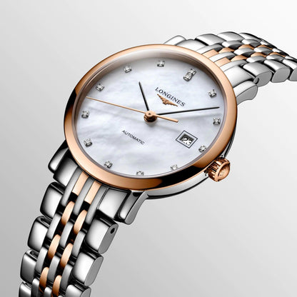 Longines Uhr Elegant Collection 29mm Perlmutt Brillanten Automatik Stahl Roségold-Finish L4.310.5.87.7