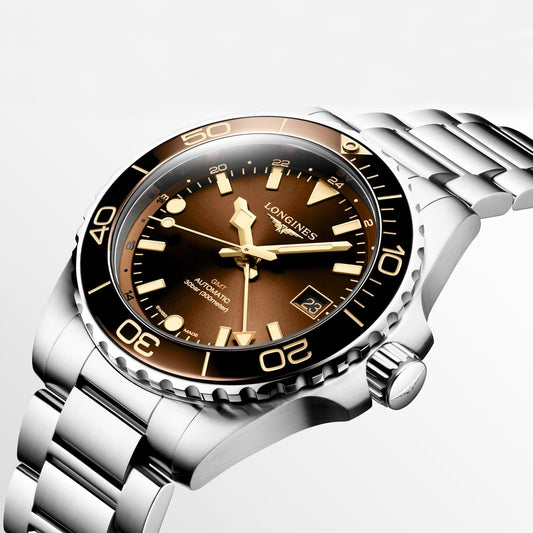 Longines Hydroconquest GMT 41mm brown automatic steel watch L3.790.4.66.6
