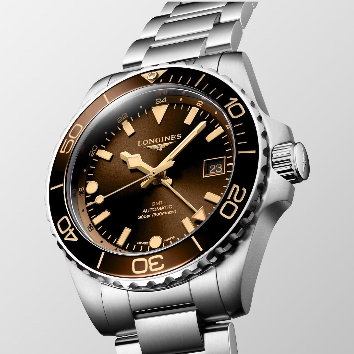 Longines orologio Hydroconquest GMT 41mm marrone automatico acciaio L3.790.4.66.6