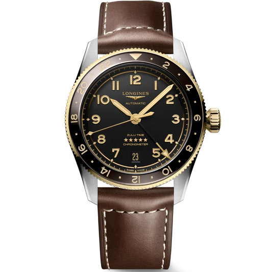 Longines Spirit Zulu Time 39mm black automatic 18kt yellow gold and steel watch L3.802.5.53.2