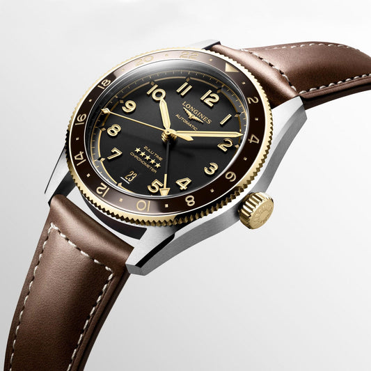 Longines Spirit Zulu Time 39mm black automatic 18kt yellow gold and steel watch L3.802.5.53.2
