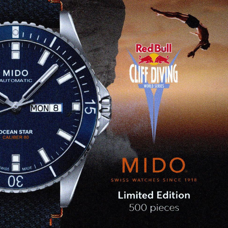 Mido watch Ocean Star Red Bull Cliff Diving limited edition 500pcs 42mm blue automatic steel M026.430.17.041.00