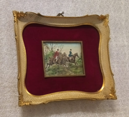 Miniatura olio su tela inglese XIX secolo, due cavalieri, cornice oro, velluto rosso