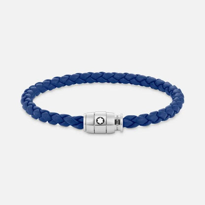 Montblanc stainless steel bracelet with 3-ring clasp and blue leather size M 130899 63