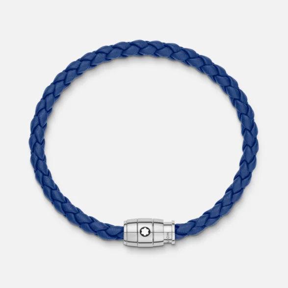 Montblanc stainless steel bracelet with 3-ring clasp and blue leather size M 130899 63