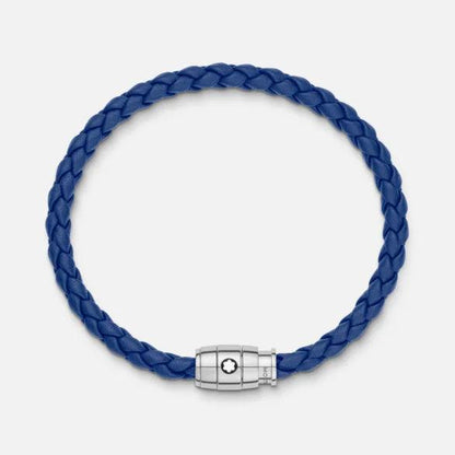 Montblanc stainless steel bracelet with 3-ring clasp and blue leather size M 130899 63