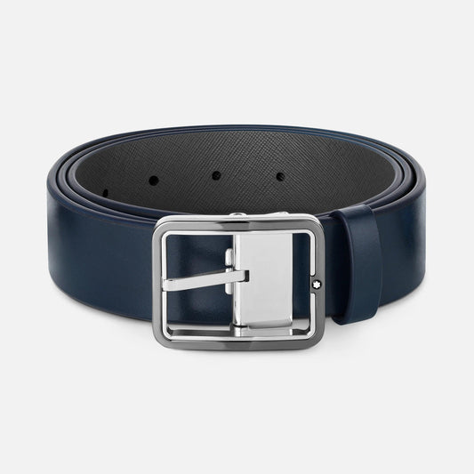 Montblanc 35mm reversible blue/grey leather rectangular buckle belt adjustable size 131193
