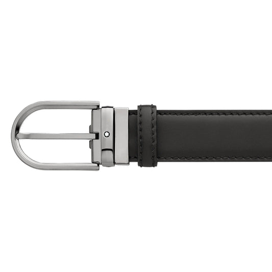Montblanc belt 35mm horseshoe buckle ruthenium finish black leather adjustable size 128770