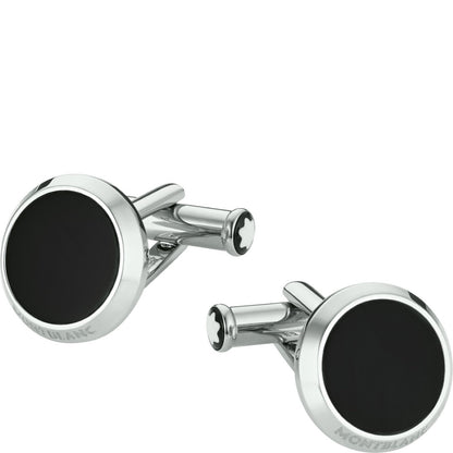 Montblanc round steel Meisterstück cufflinks with onyx insert 112896