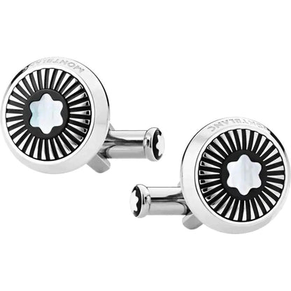 Montblanc boutons de manchette ronds en acier motif rayons et emblème en nacre 123809