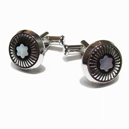 Montblanc boutons de manchette ronds en acier motif rayons et emblème en nacre 123809