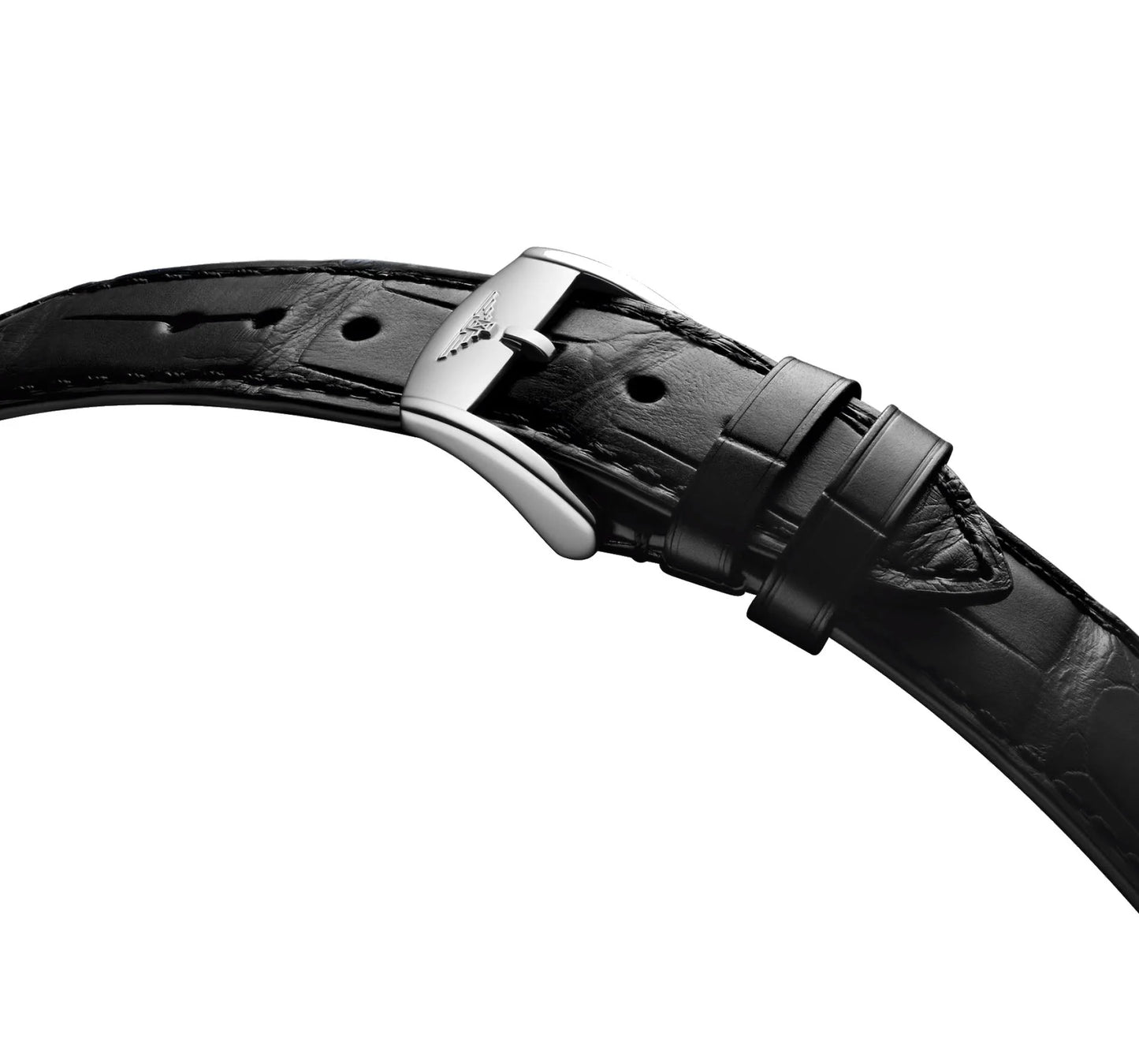 Cinturino orologio conquest heritage in pelle di coccodrillo nero con fibbia lucida argento protetto dall’ufficio federale svizzero