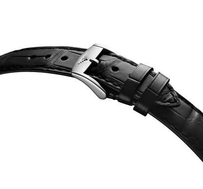 Cinturino orologio conquest heritage in pelle di coccodrillo nero con fibbia lucida argento protetto dall’ufficio federale svizzero