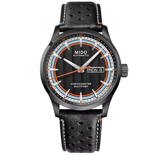 Black leather strap con design perforato e cuciture bianche con mido multifort chronometer nero con accenti arancio e azzurro