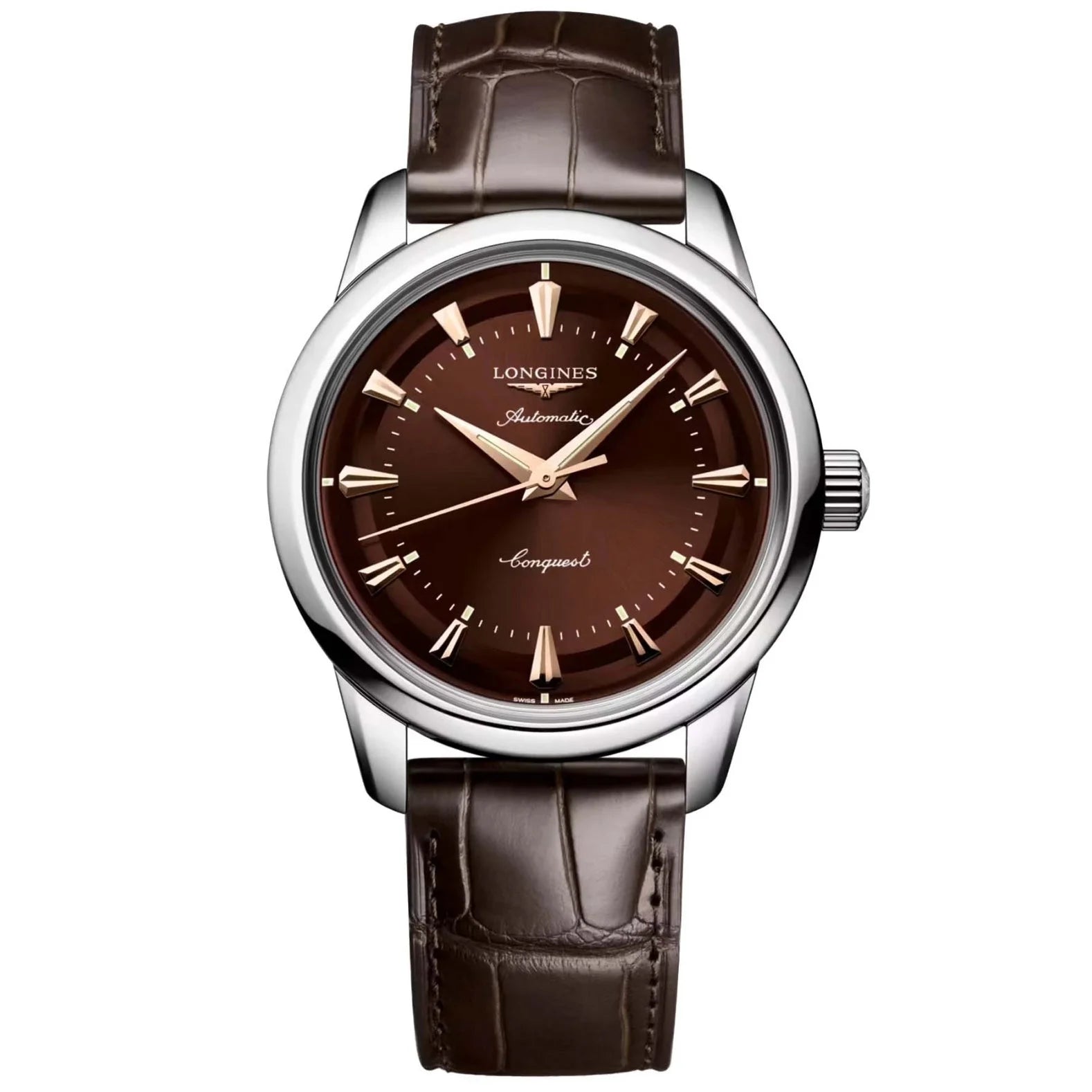 Longines orologio heritage 38mm marrone acciaio automatico con cassa argento lucida e quadrante marrone protetto dall ufficio federale svizzero